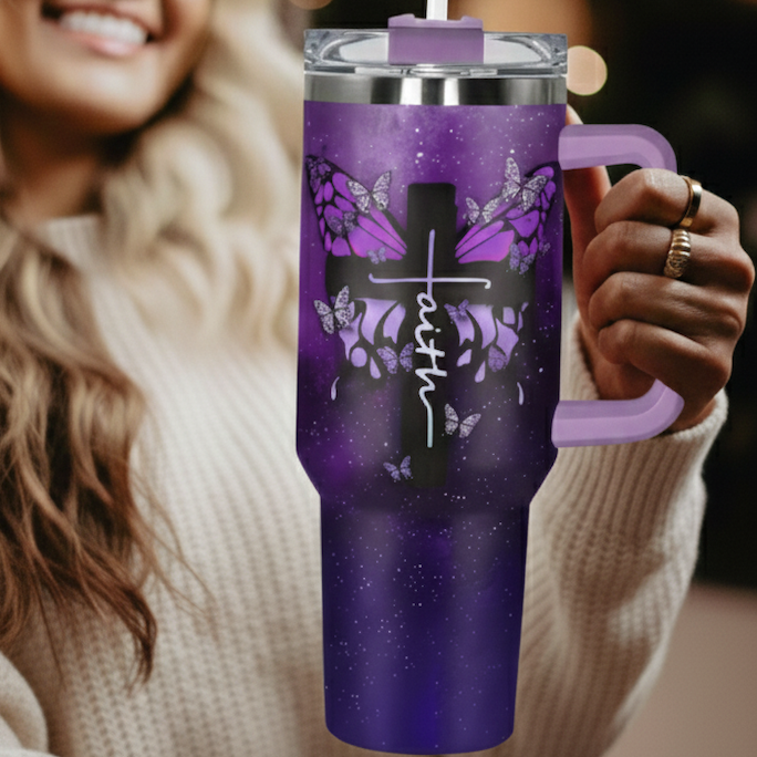 Insulated Tumbler With Straw 40oz- Faith Purple Butterfly