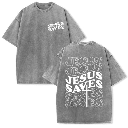 Jesus Saves Cross Graphic Unisex Washed T - Shirt