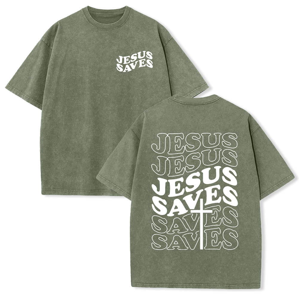 Jesus Saves Cross Graphic Unisex Washed T - Shirt