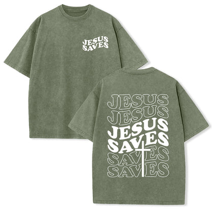 Jesus Saves Cross Graphic Unisex Washed T - Shirt