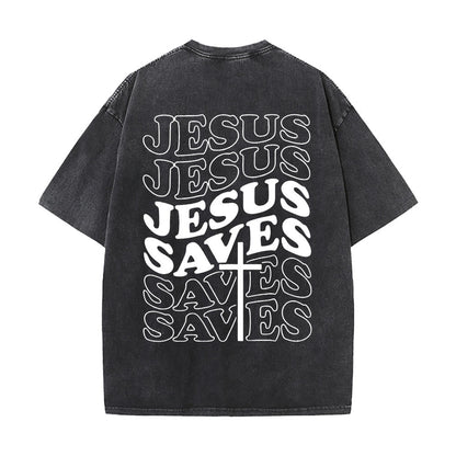 Jesus Saves Cross Graphic Unisex Washed T - Shirt