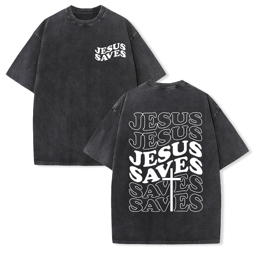 Jesus Saves Cross Graphic Unisex Washed T - Shirt