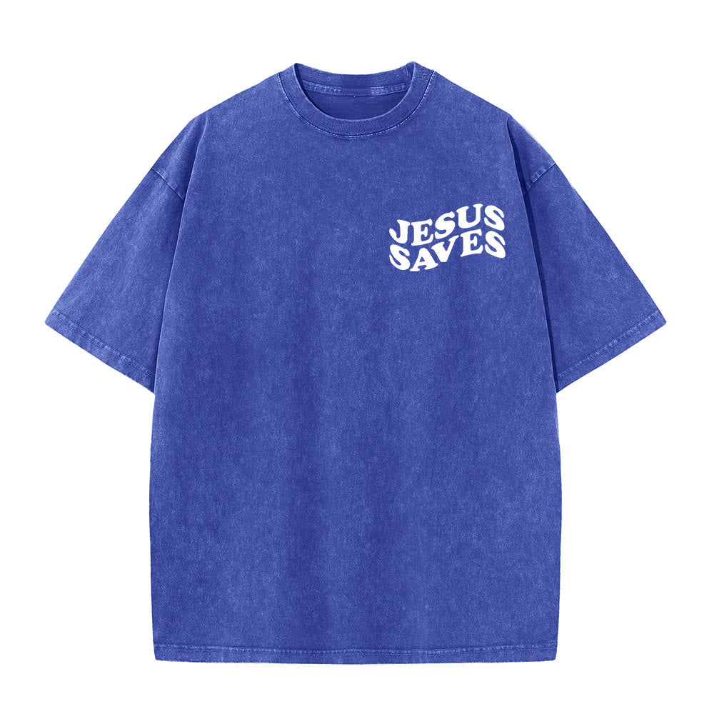 Jesus Saves Cross Graphic Unisex Washed T - Shirt