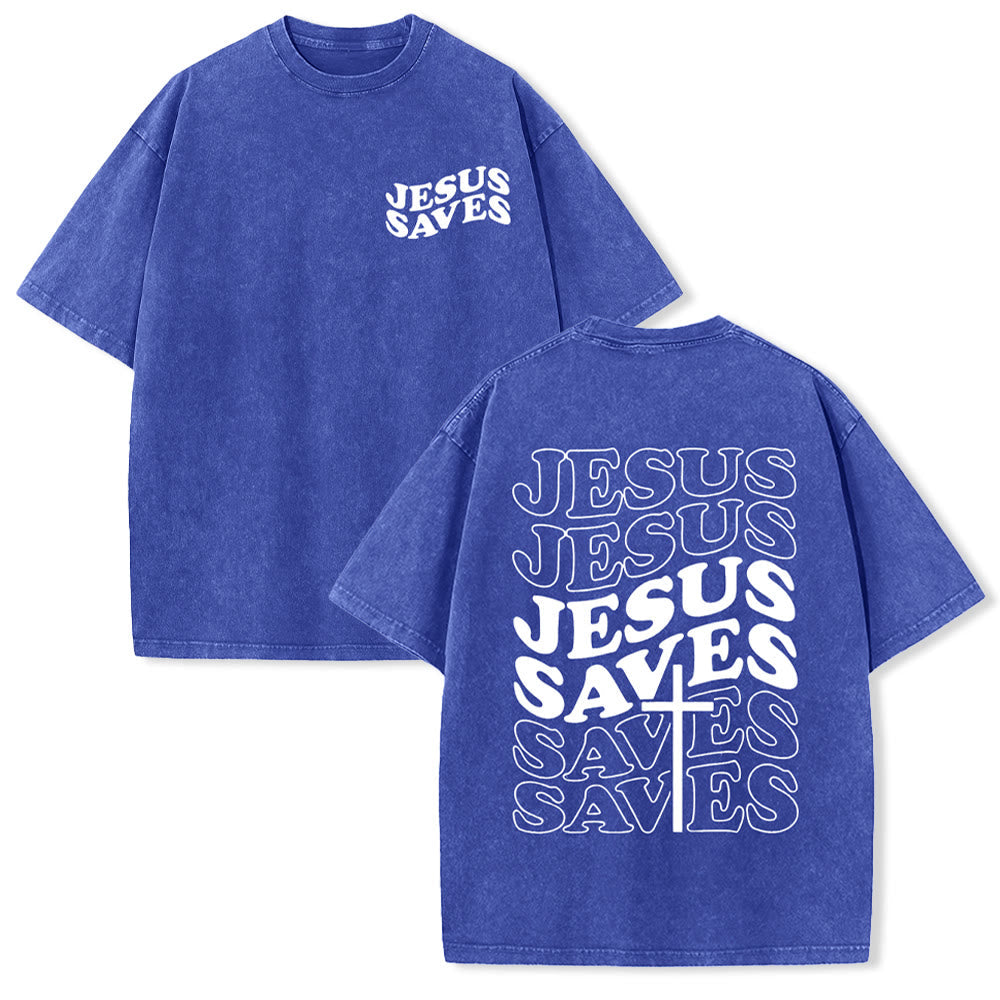 Jesus Saves Cross Graphic Unisex Washed T - Shirt