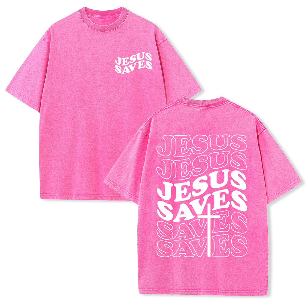 Jesus Saves Cross Graphic Unisex Washed T - Shirt