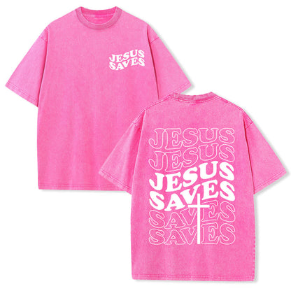 Jesus Saves Cross Graphic Unisex Washed T - Shirt