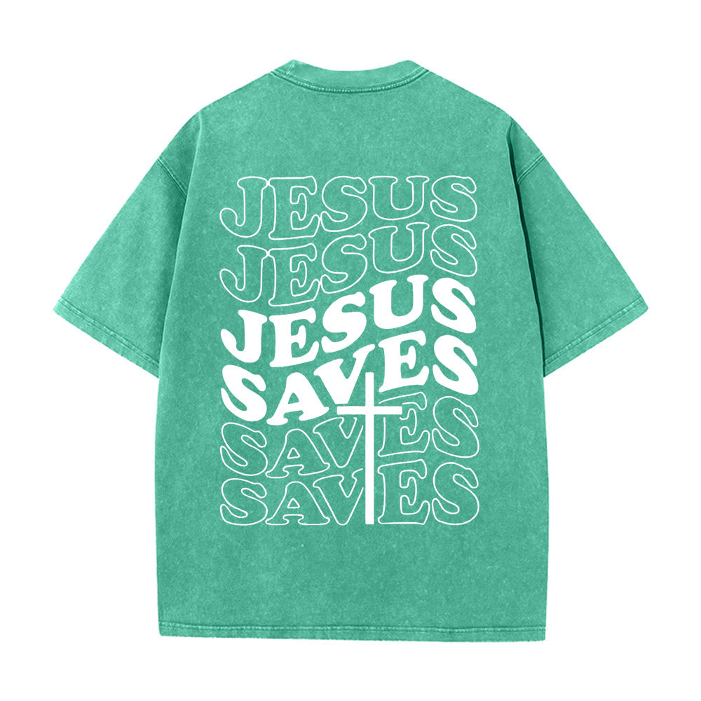 Jesus Saves Cross Graphic Unisex Washed T - Shirt