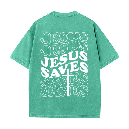 Jesus Saves Cross Graphic Unisex Washed T - Shirt