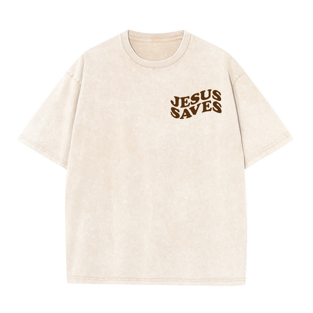 Jesus Saves Cross Graphic Unisex Washed T - Shirt