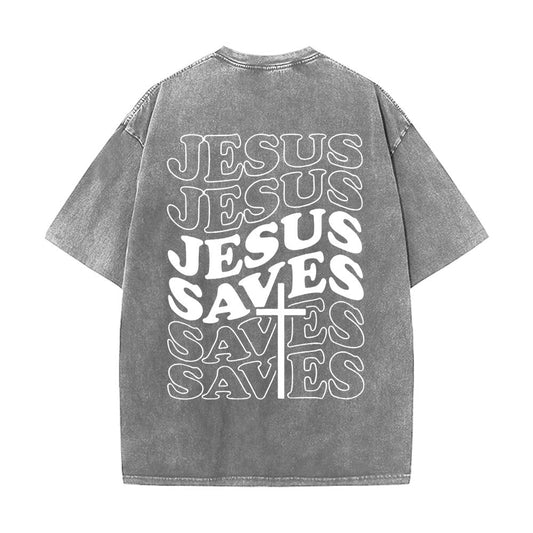 Jesus Saves Cross Graphic Unisex Washed T - Shirt