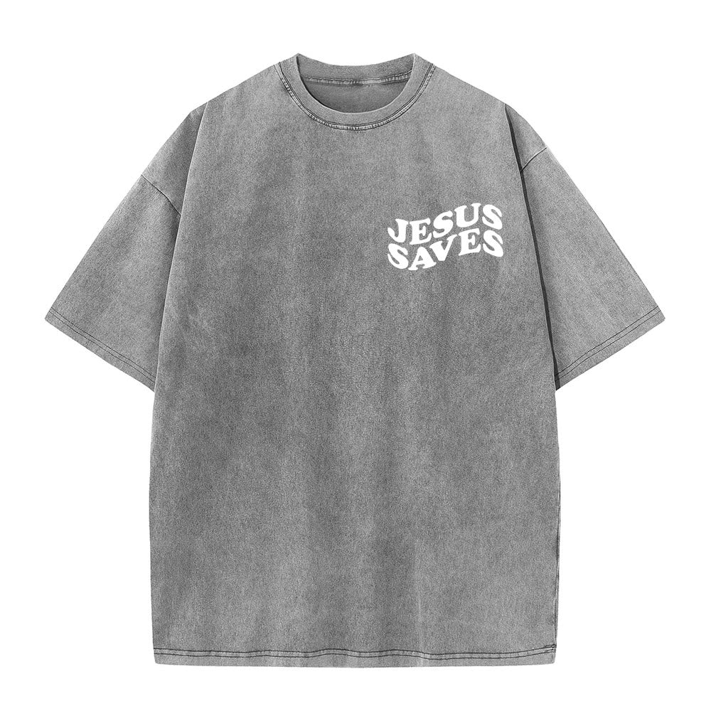 Jesus Saves Cross Graphic Unisex Washed T - Shirt