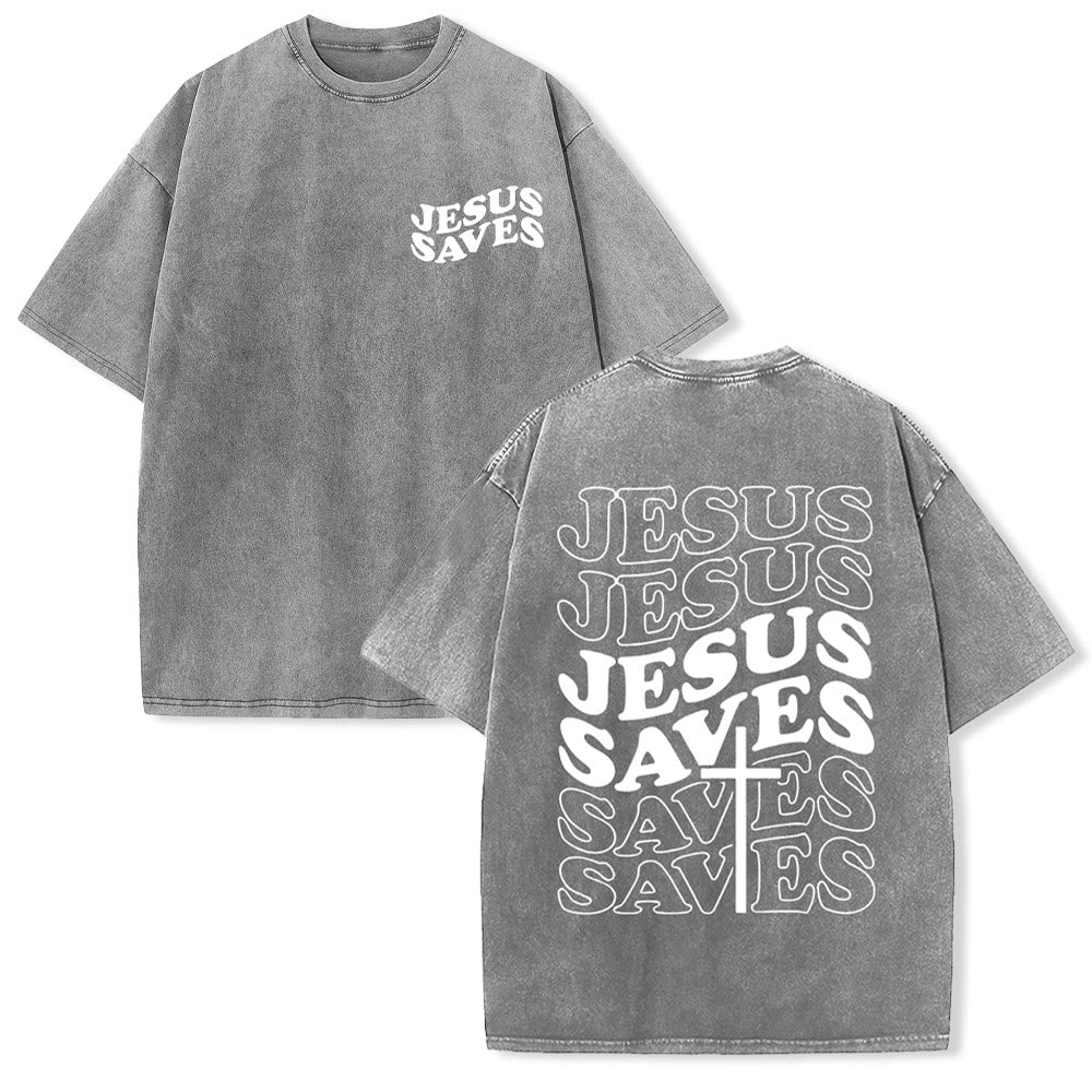 Jesus Saves Cross Graphic Unisex Washed T - Shirt