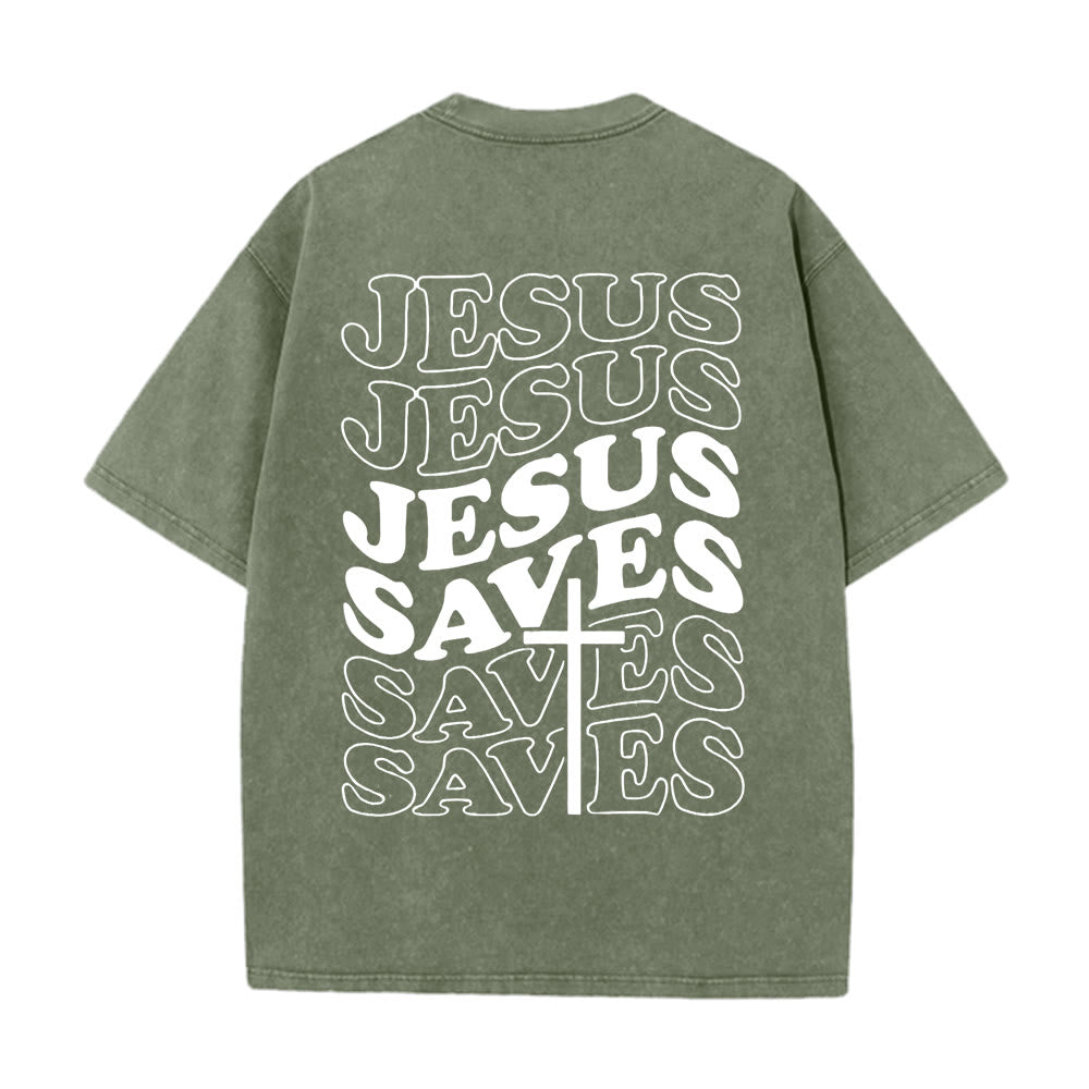 Jesus Saves Cross Graphic Unisex Washed T - Shirt