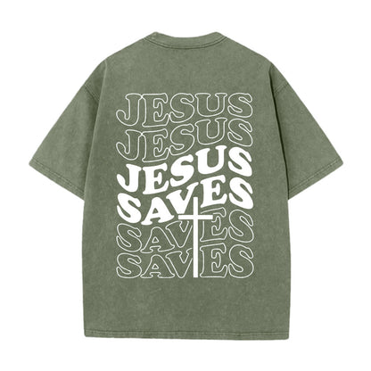 Jesus Saves Cross Graphic Unisex Washed T - Shirt