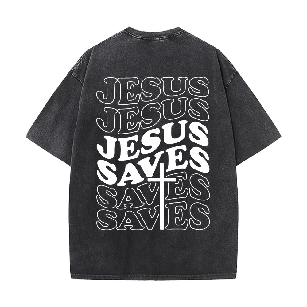 Jesus Saves Cross Graphic Unisex Washed T - Shirt