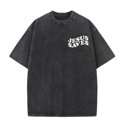 Jesus Saves Cross Graphic Unisex Washed T - Shirt