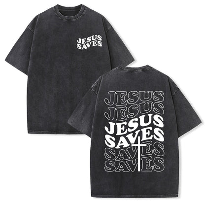 Jesus Saves Cross Graphic Unisex Washed T - Shirt