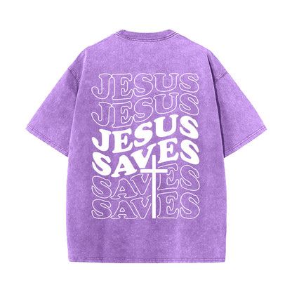 Jesus Saves Cross Graphic Unisex Washed T - Shirt