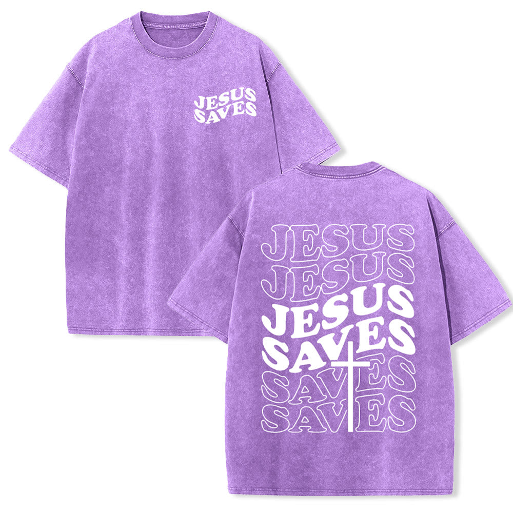 Jesus Saves Cross Graphic Unisex Washed T - Shirt