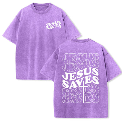 Jesus Saves Cross Graphic Unisex Washed T - Shirt