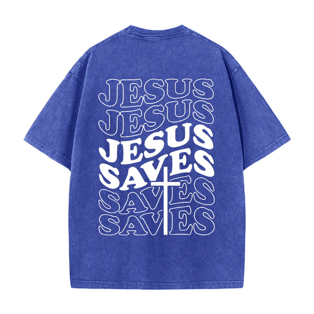 Jesus Saves Cross Graphic Unisex Washed T - Shirt