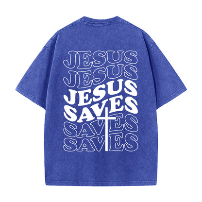 Jesus Saves Cross Graphic Unisex Washed T - Shirt