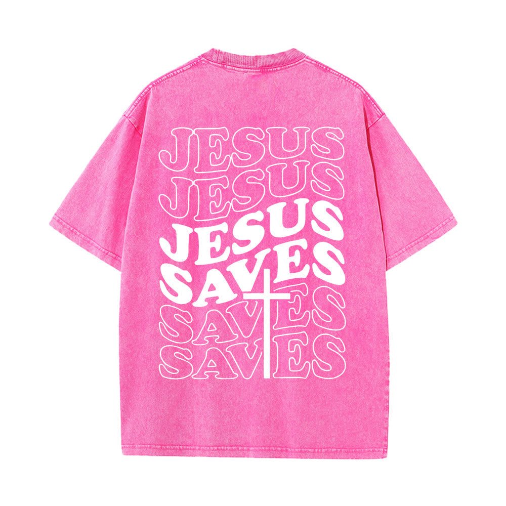 Jesus Saves Cross Graphic Unisex Washed T - Shirt
