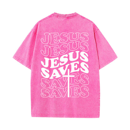 Jesus Saves Cross Graphic Unisex Washed T - Shirt