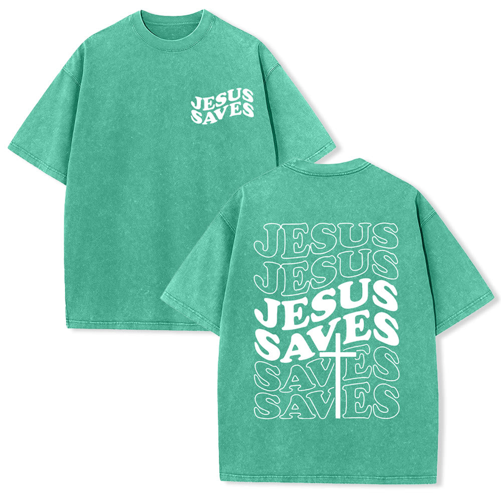 Jesus Saves Cross Graphic Unisex Washed T - Shirt