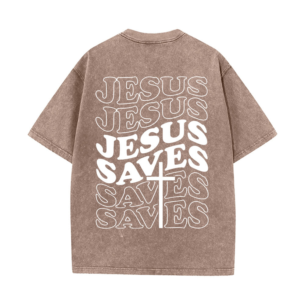 Jesus Saves Cross Graphic Unisex Washed T - Shirt