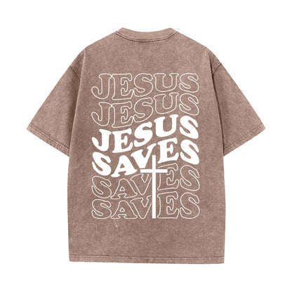Jesus Saves Cross Graphic Unisex Washed T - Shirt