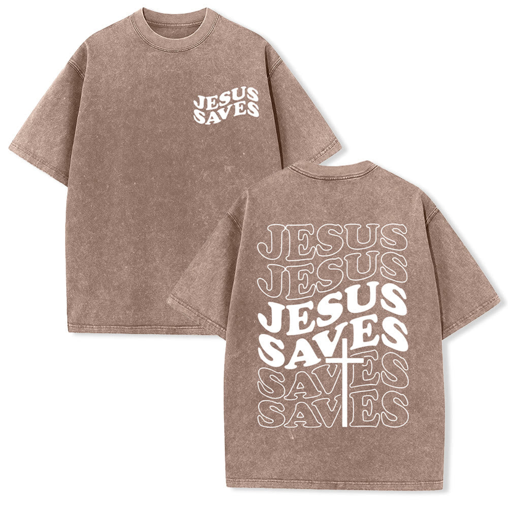 Jesus Saves Cross Graphic Unisex Washed T - Shirt