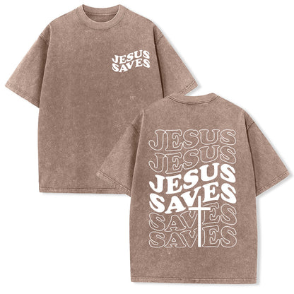 Jesus Saves Cross Graphic Unisex Washed T - Shirt