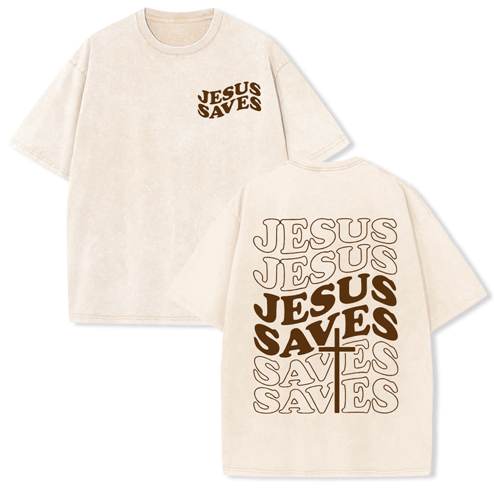 Jesus Saves Cross Graphic Unisex Washed T - Shirt